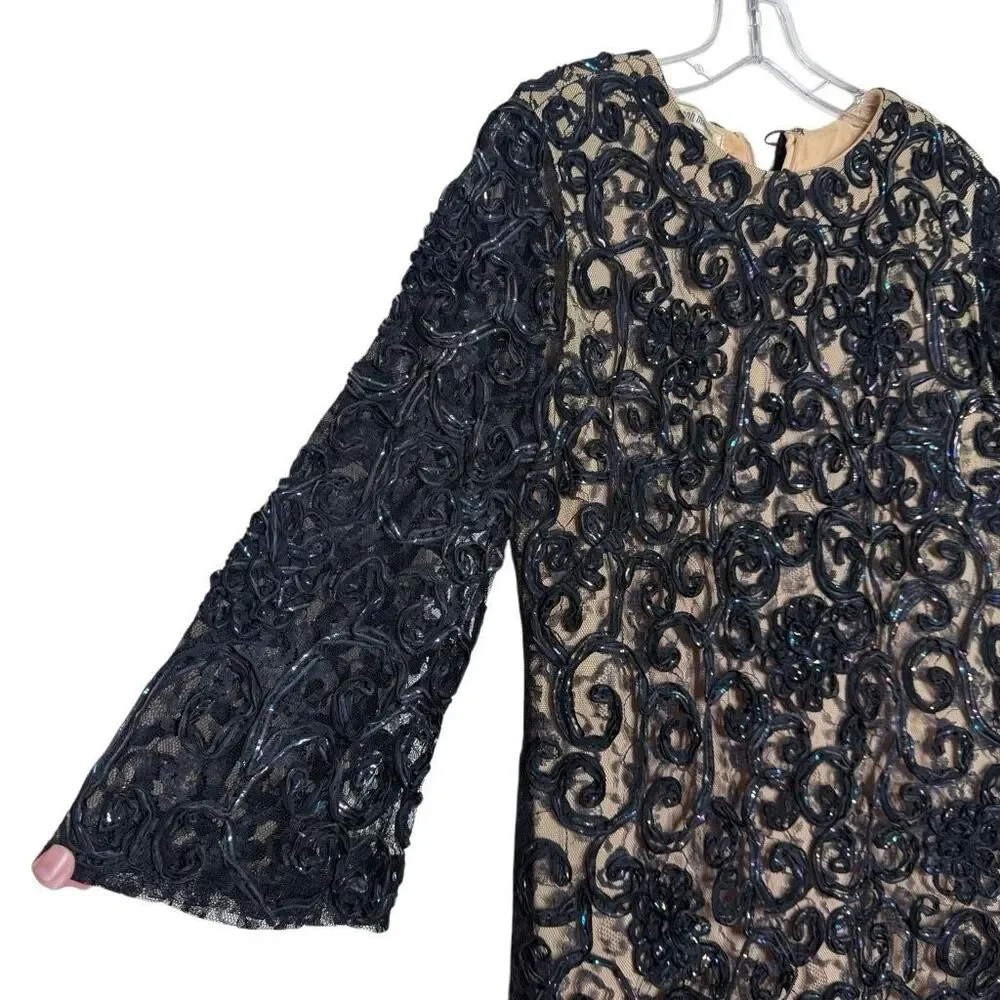 Vintage Joseph Magnin Black Tan 3/4 Sleeve Shift Mini Dress Size 9-10 Lace 60s_10